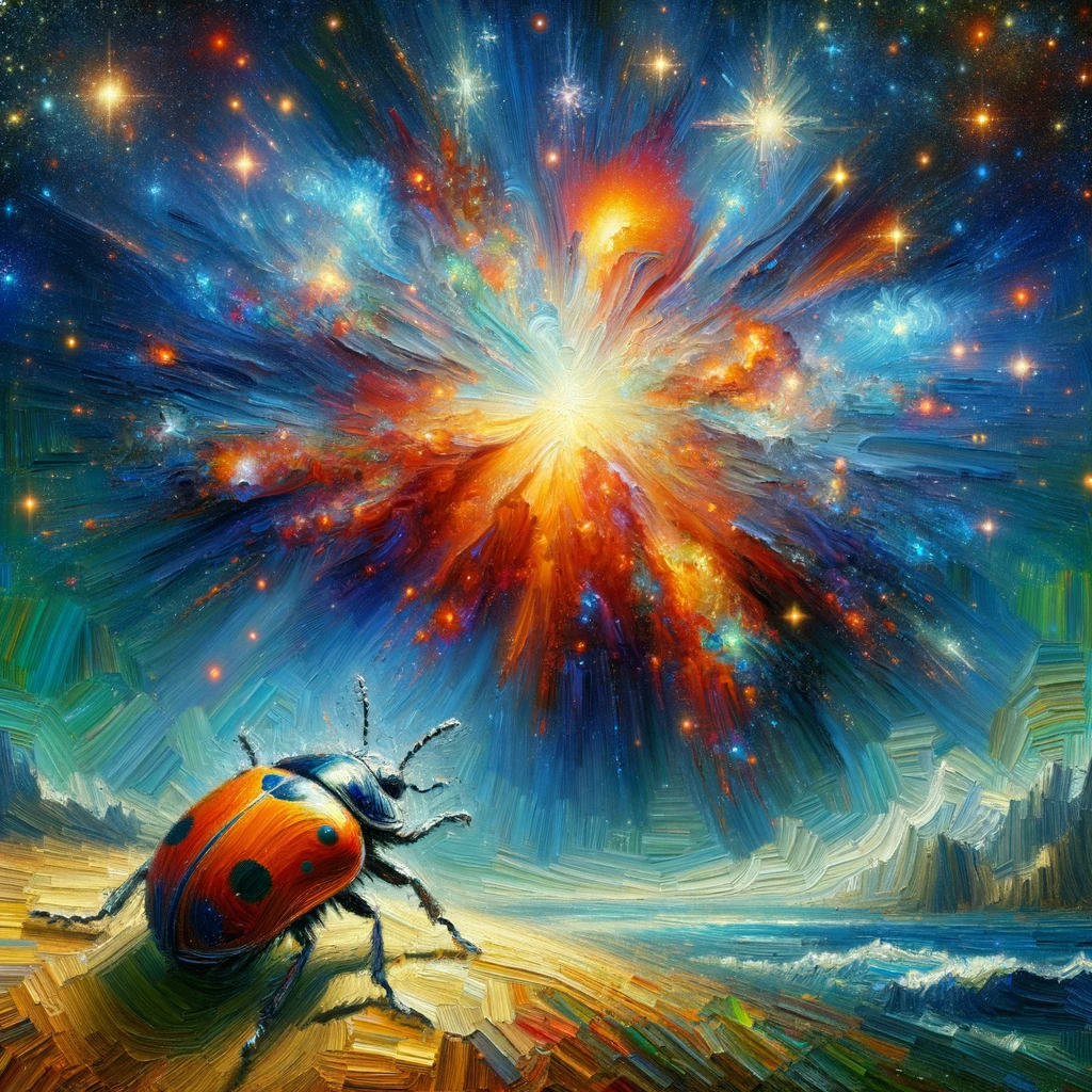 DALLE-3 generated image with prompt - Impressionist oil painting illustrating a bug, but instead of its natural features, it bursts with vibrant colors and patterns evoking an exploding nebula